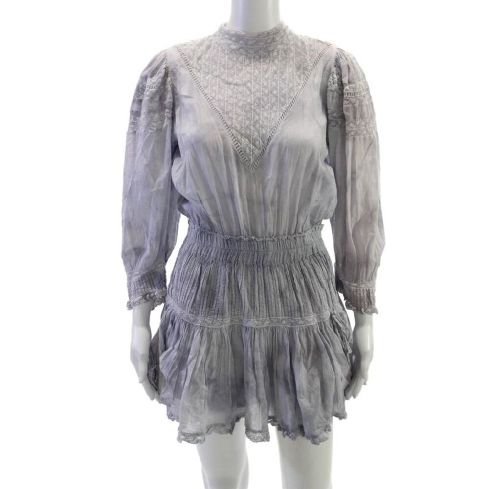 Love Shack Fancy Women Mini Dress Gray Cotton Long Sleeve High Neck Size M